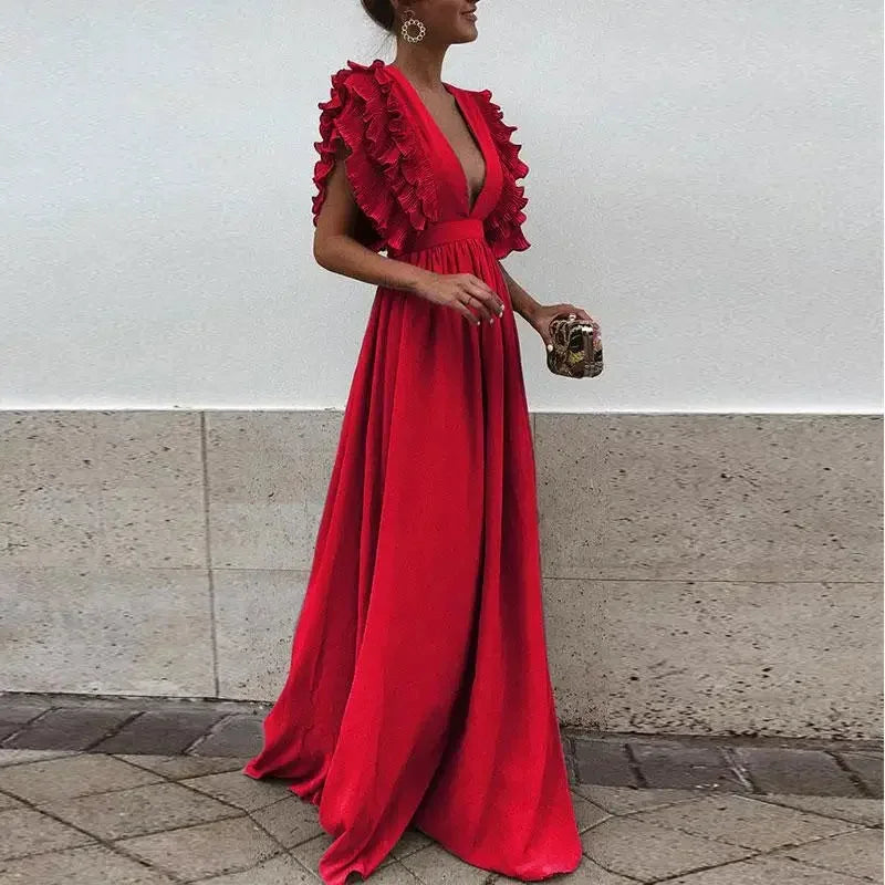 Yvonne | Ruffle-Sleeve Deep-V Women Summer Maxi Dress