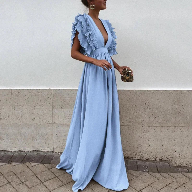 Yvonne | Ruffle-Sleeve Deep-V Women Summer Maxi Dress