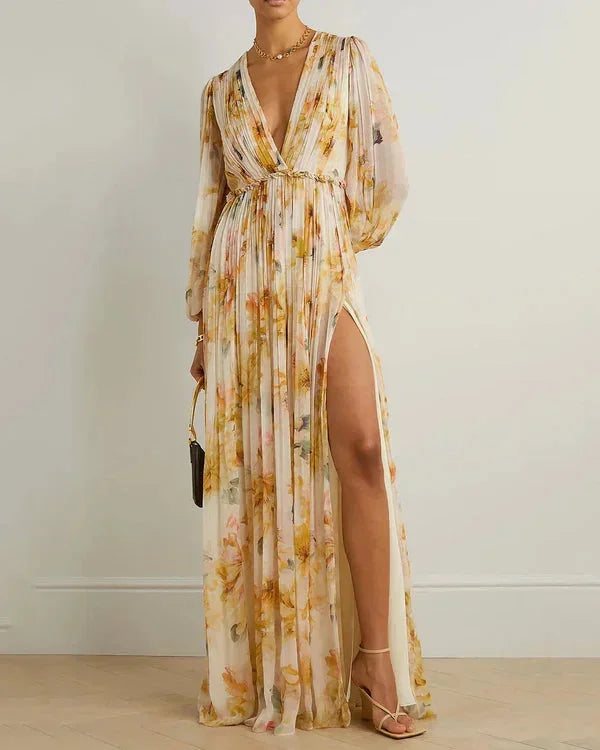 Savannah | Floral Deep-V Long-Sleeve Women Summer Maxi Dress