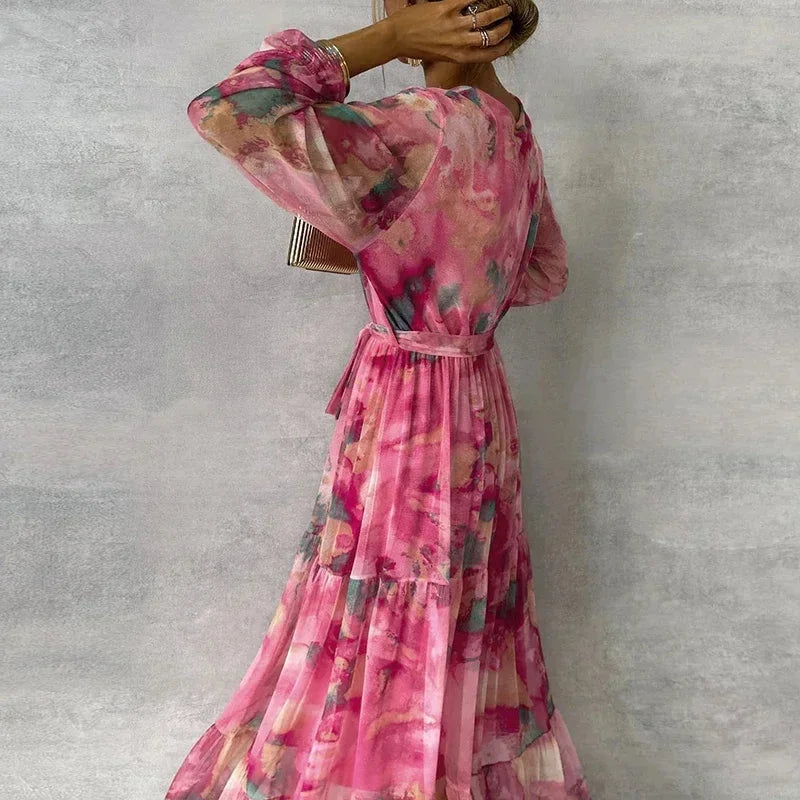 Crystal | Floral V-Neck Cinched-Waist Women Summer Maxi Dress
