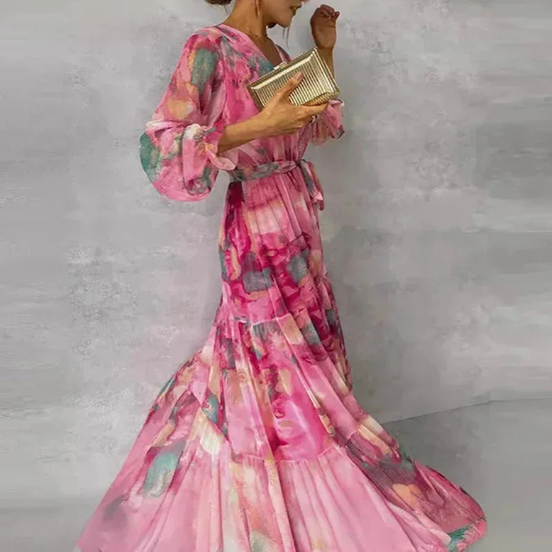 Crystal | Floral V-Neck Cinched-Waist Women Summer Maxi Dress