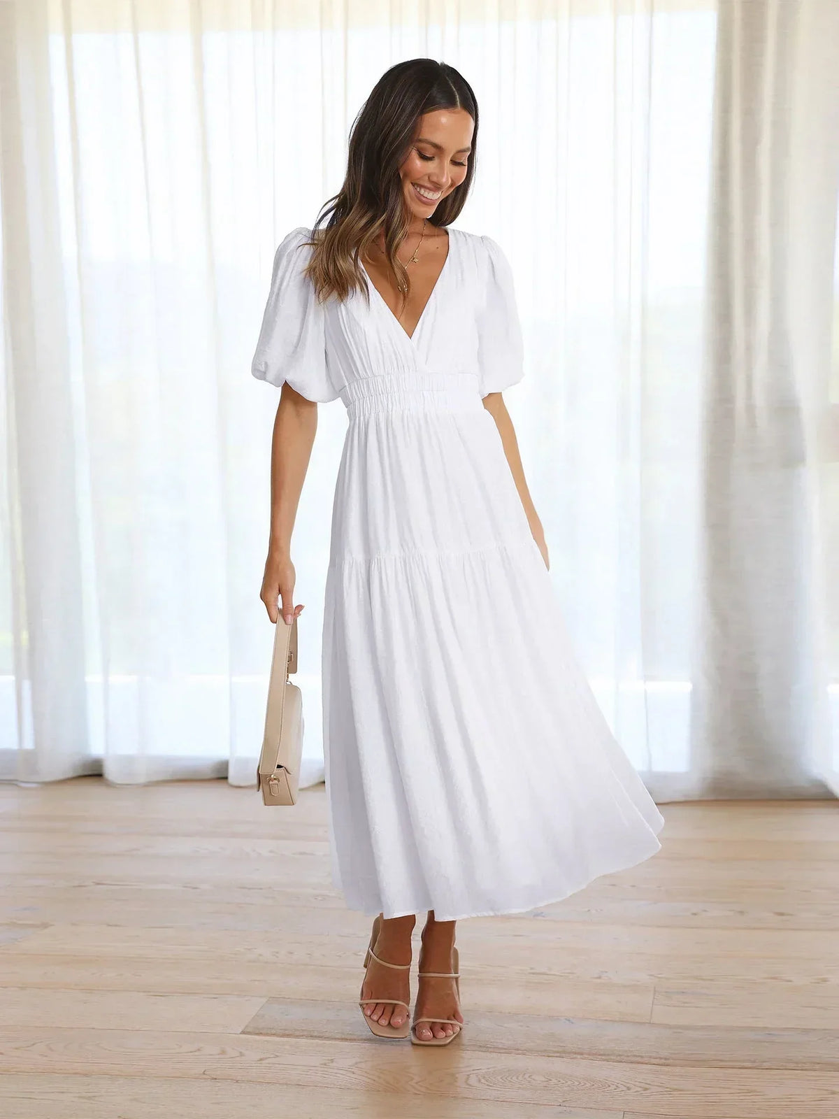 Alba | V-Neck Puff-Sleeve Cinched-Waist Women Summer Midi Dress