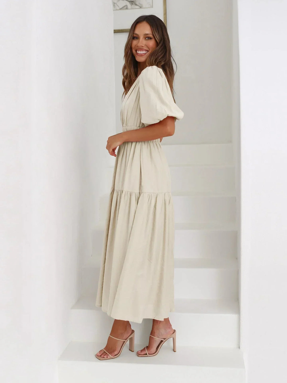 Alba | V-Neck Puff-Sleeve Cinched-Waist Women Summer Midi Dress