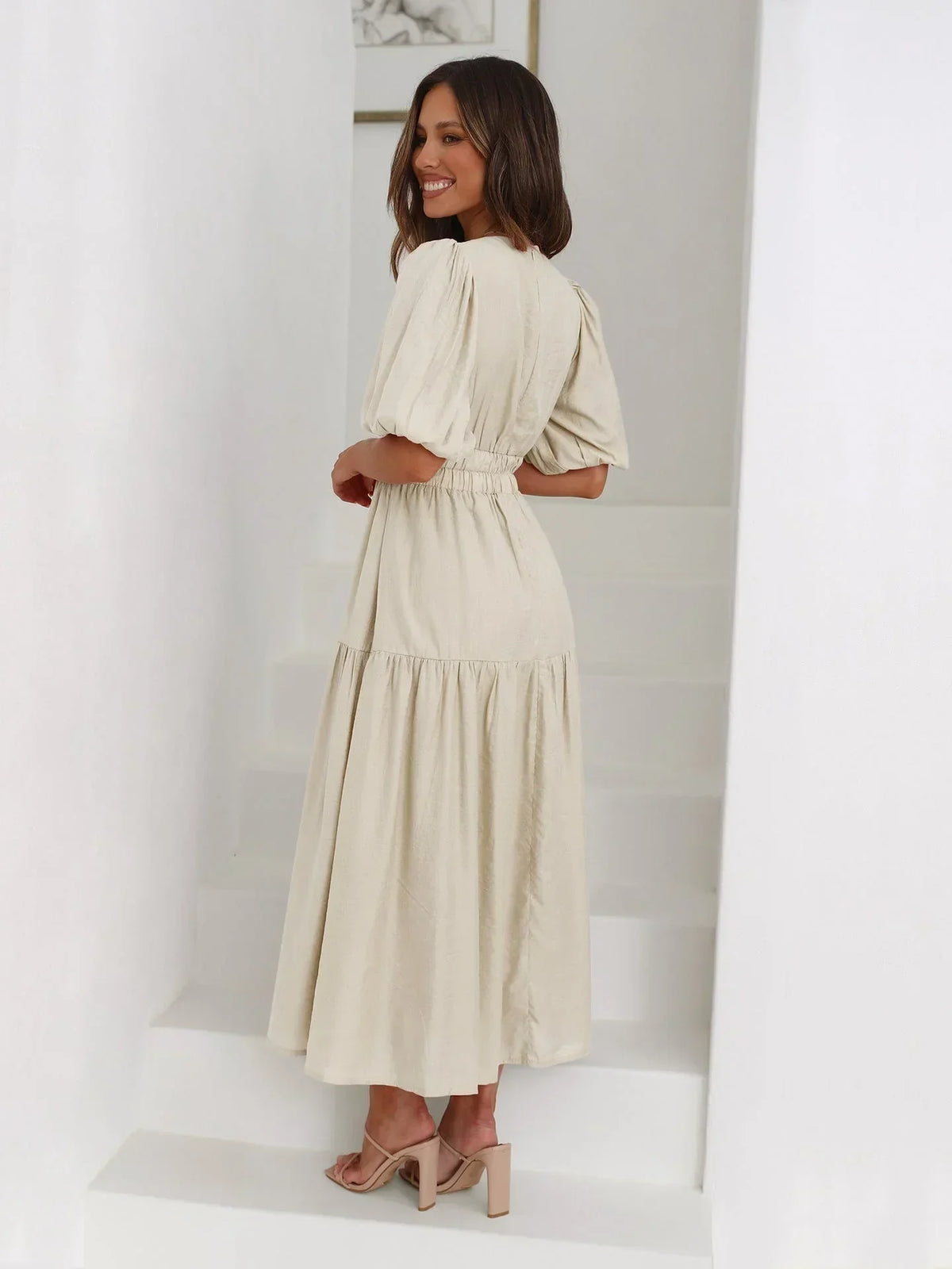 Alba | V-Neck Puff-Sleeve Cinched-Waist Women Summer Midi Dress