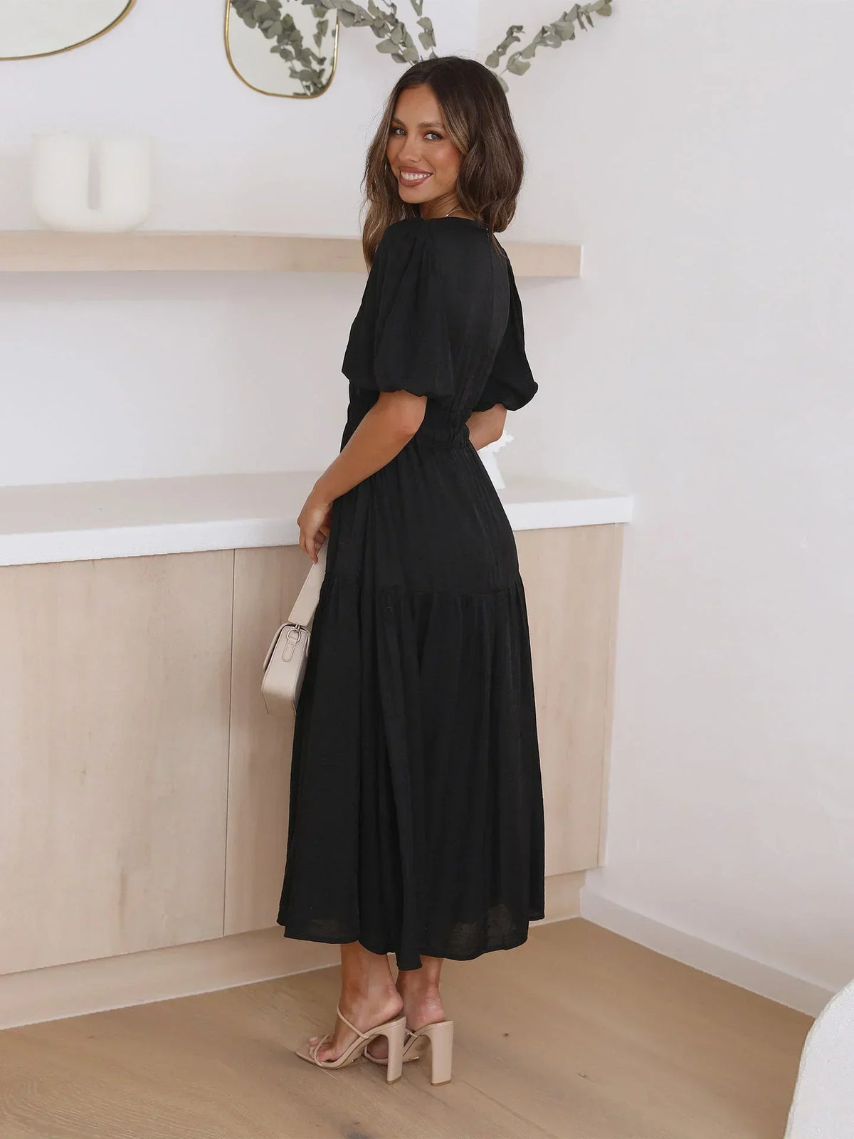 Alba | V-Neck Puff-Sleeve Cinched-Waist Women Summer Midi Dress