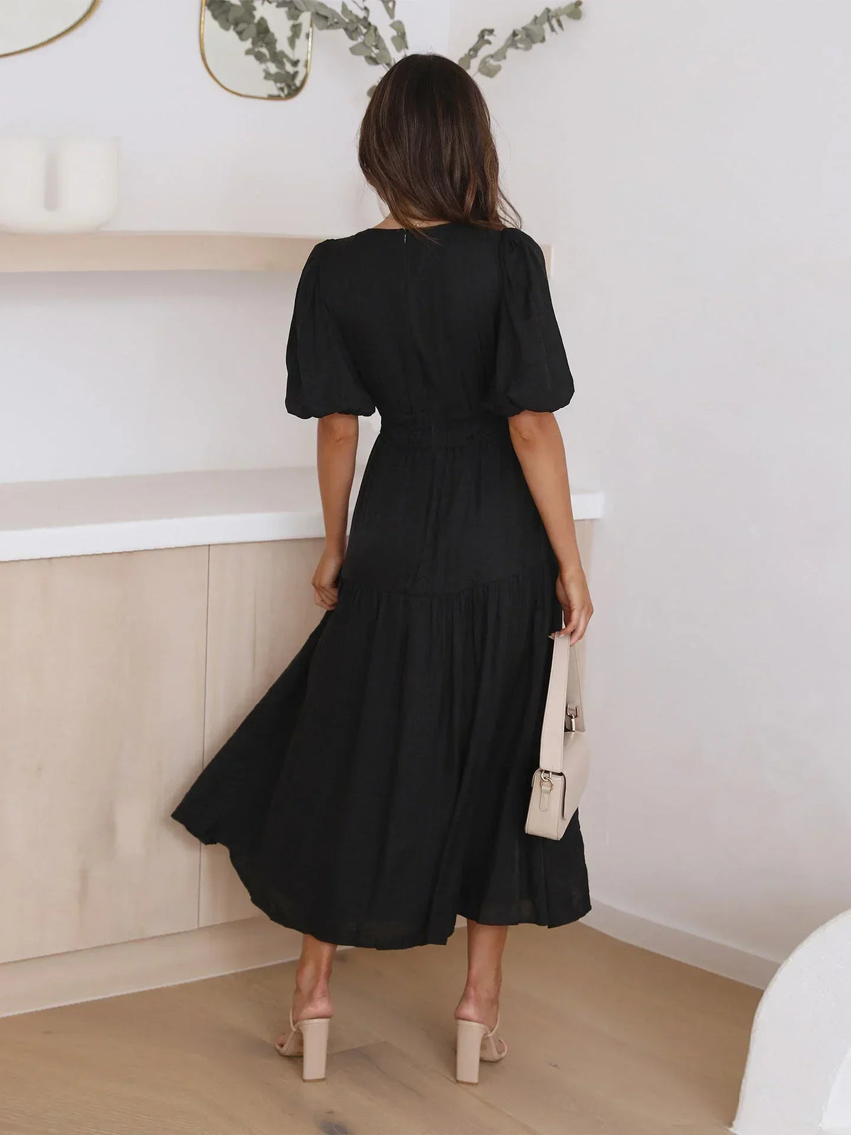 Alba | V-Neck Puff-Sleeve Cinched-Waist Women Summer Midi Dress