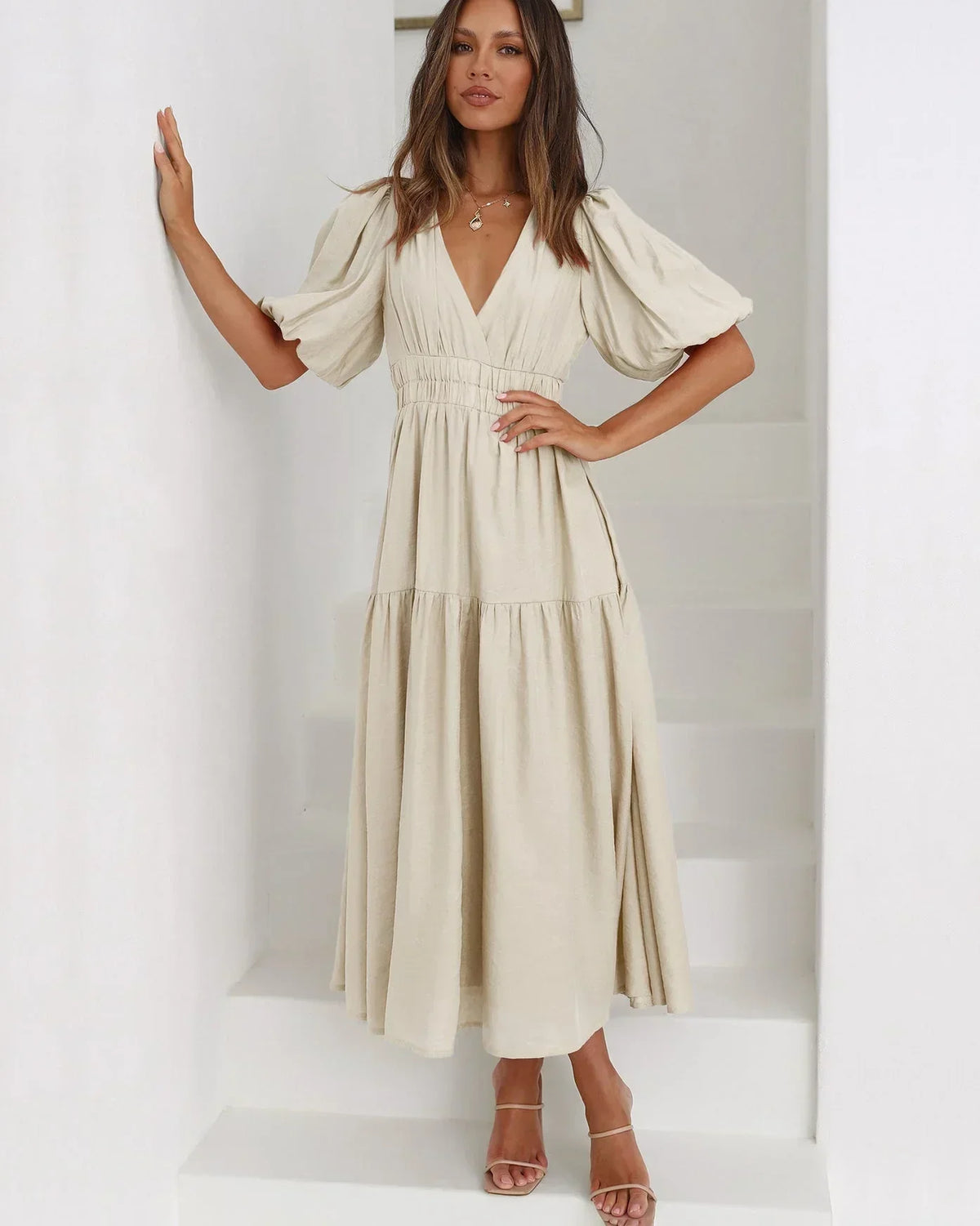 Alba | V-Neck Puff-Sleeve Cinched-Waist Women Summer Midi Dress