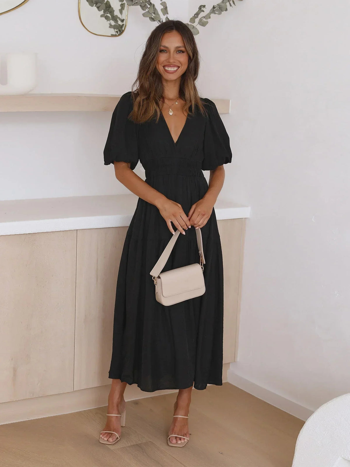 Alba | V-Neck Puff-Sleeve Cinched-Waist Women Summer Midi Dress
