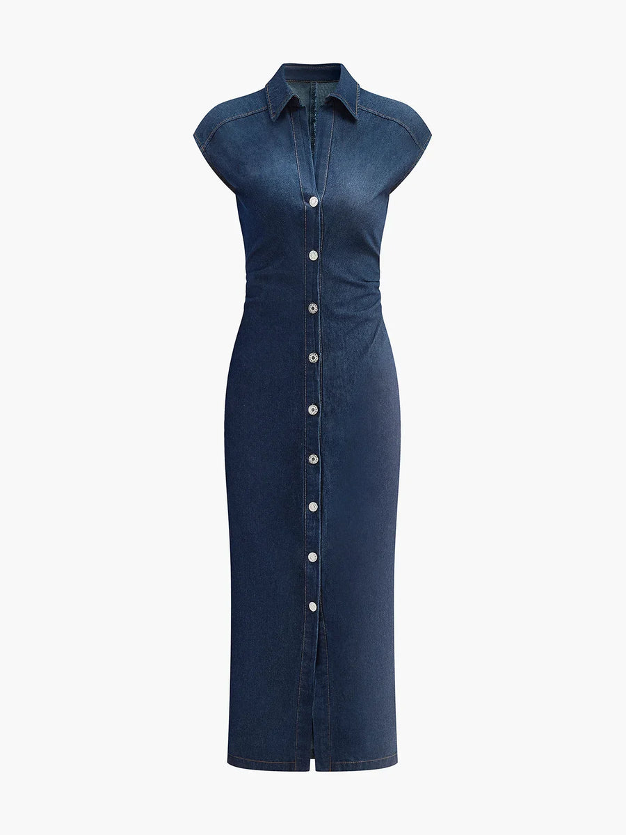 Nell | Slim-Fit Denim Cap-Sleeve Women Summer Midi Dress