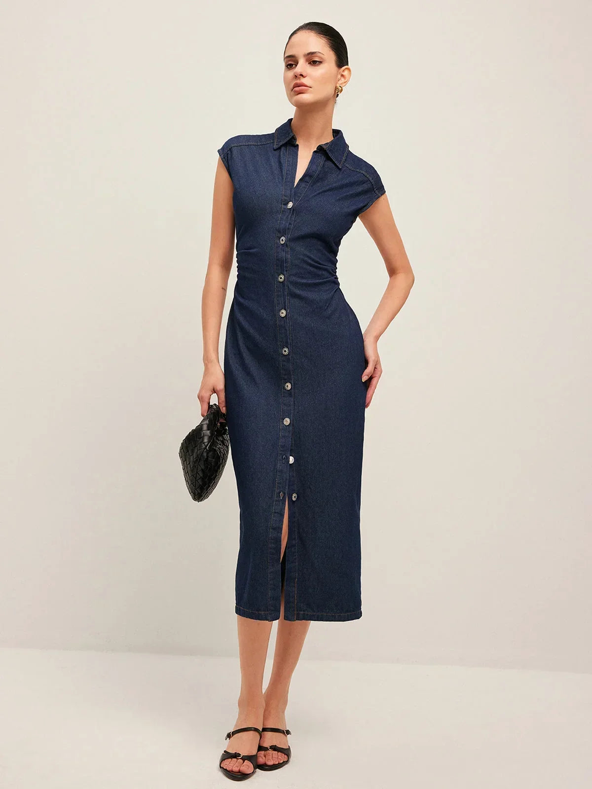 Nell | Slim-Fit Denim Cap-Sleeve Women Summer Midi Dress