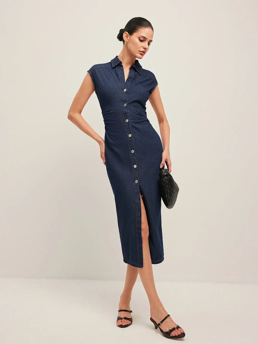 Nell | Slim-Fit Denim Cap-Sleeve Women Summer Midi Dress