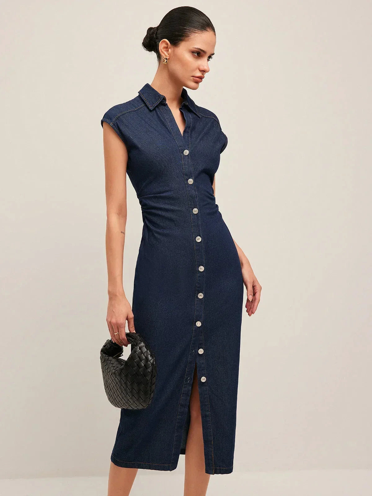 Nell | Slim-Fit Denim Cap-Sleeve Women Summer Midi Dress