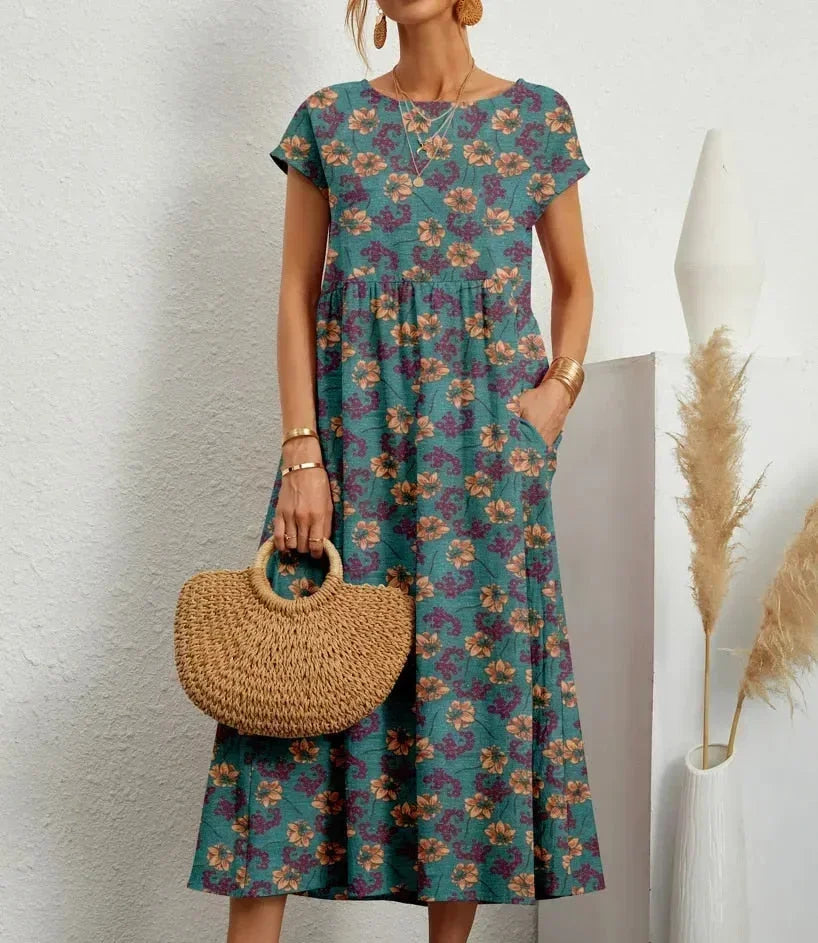 Noelle | Boho Short-Sleeve Pocket Women Summer Midi Dress