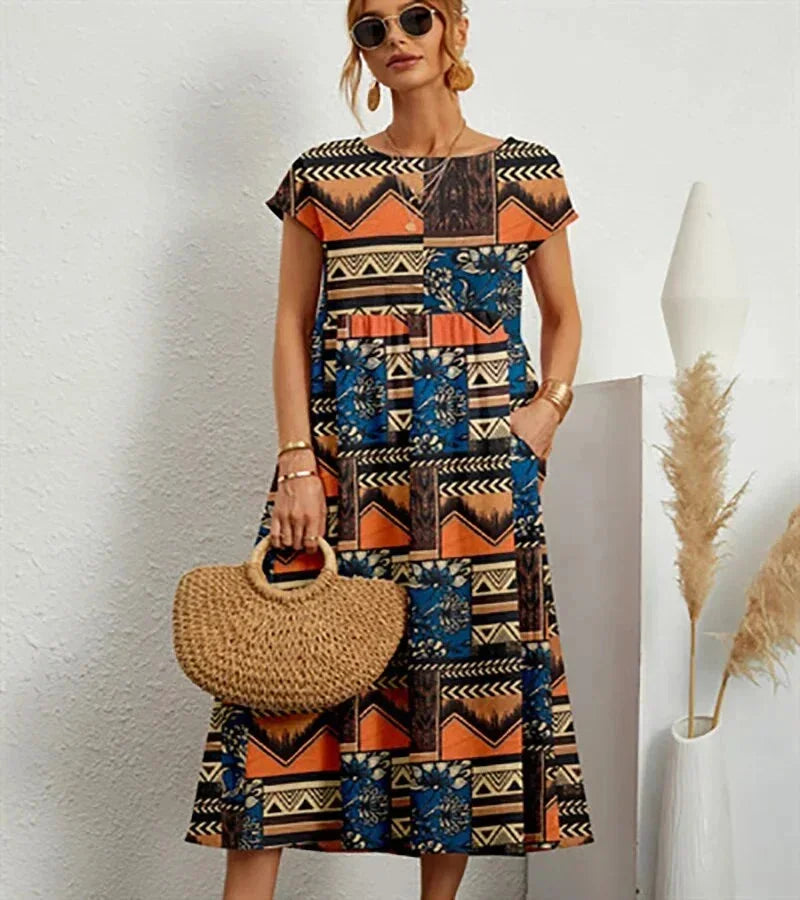 Noelle | Boho Short-Sleeve Pocket Women Summer Midi Dress