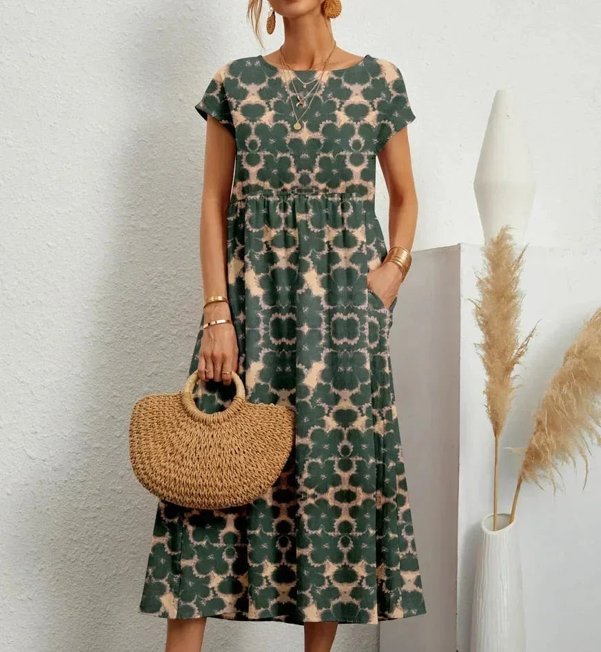 Noelle | Boho Short-Sleeve Pocket Women Summer Midi Dress