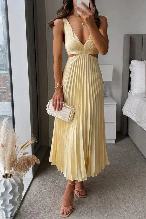 Diana | Pleated Cut-Out V-Neck Women Summer Midi Dress