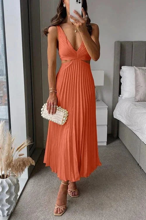 Diana | Pleated Cut-Out V-Neck Women Summer Midi Dress