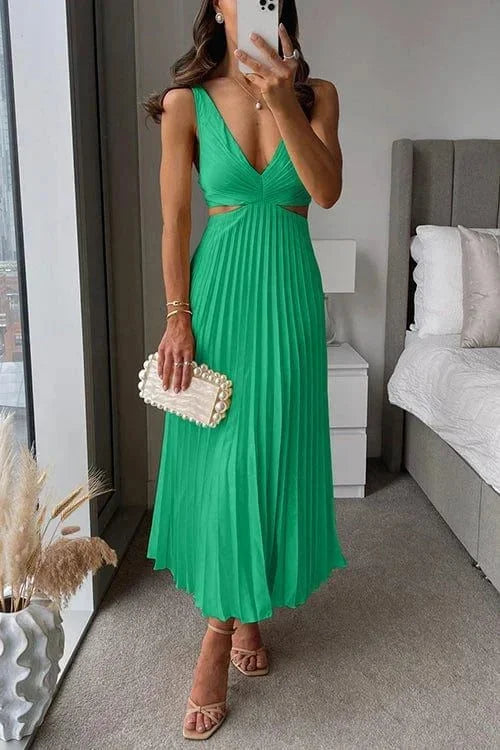 Diana | Pleated Cut-Out V-Neck Women Summer Midi Dress