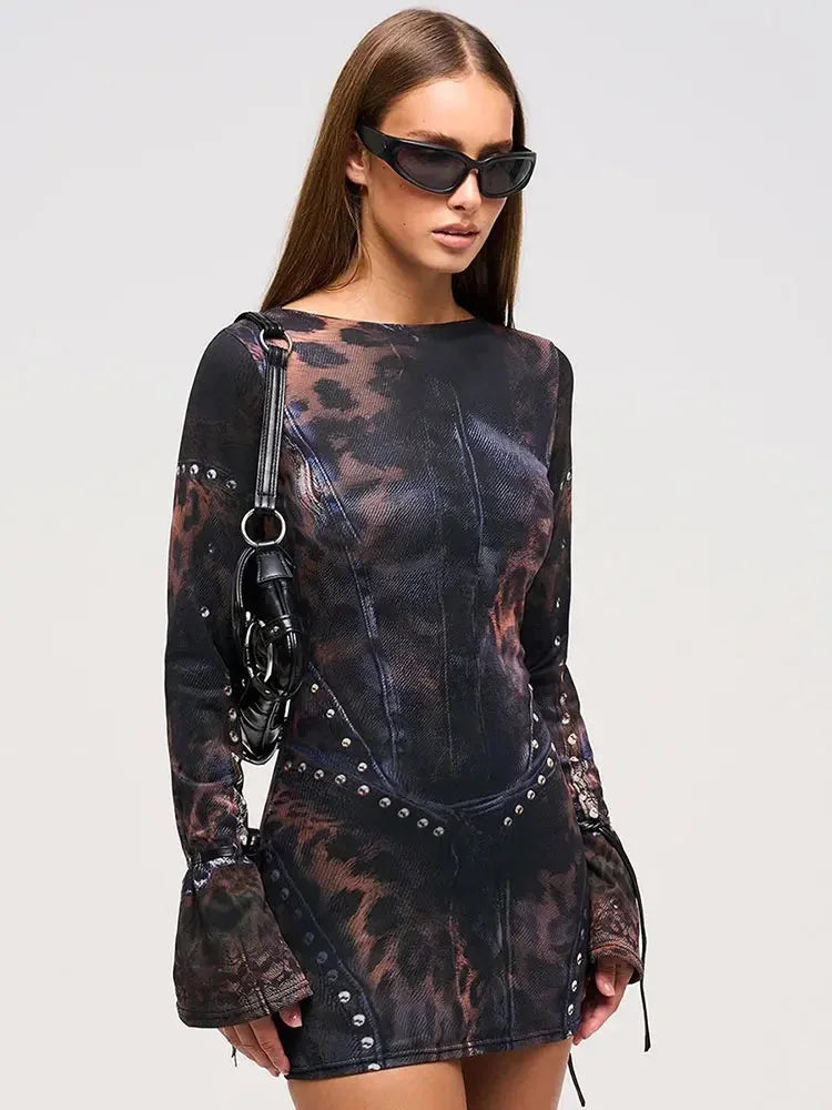 Kylie | Printed Ruched Long-Sleeve Bodycon Women Summer Mini Dress