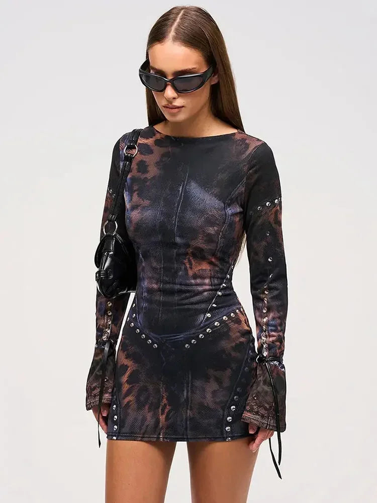 Kylie | Printed Ruched Long-Sleeve Bodycon Women Summer Mini Dress
