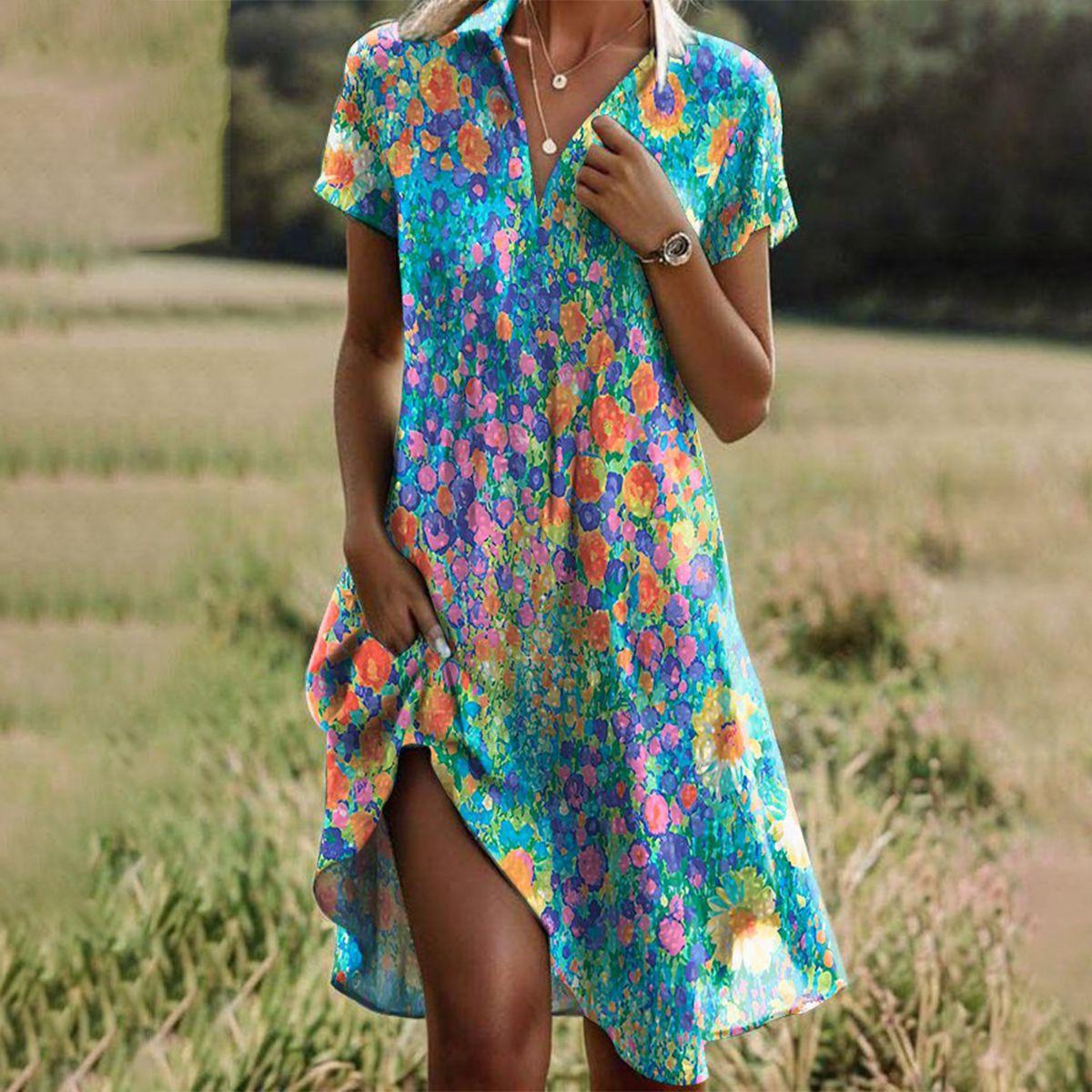 Serena | Meadow Blossom Round-Neck Women Summer Midi Dress