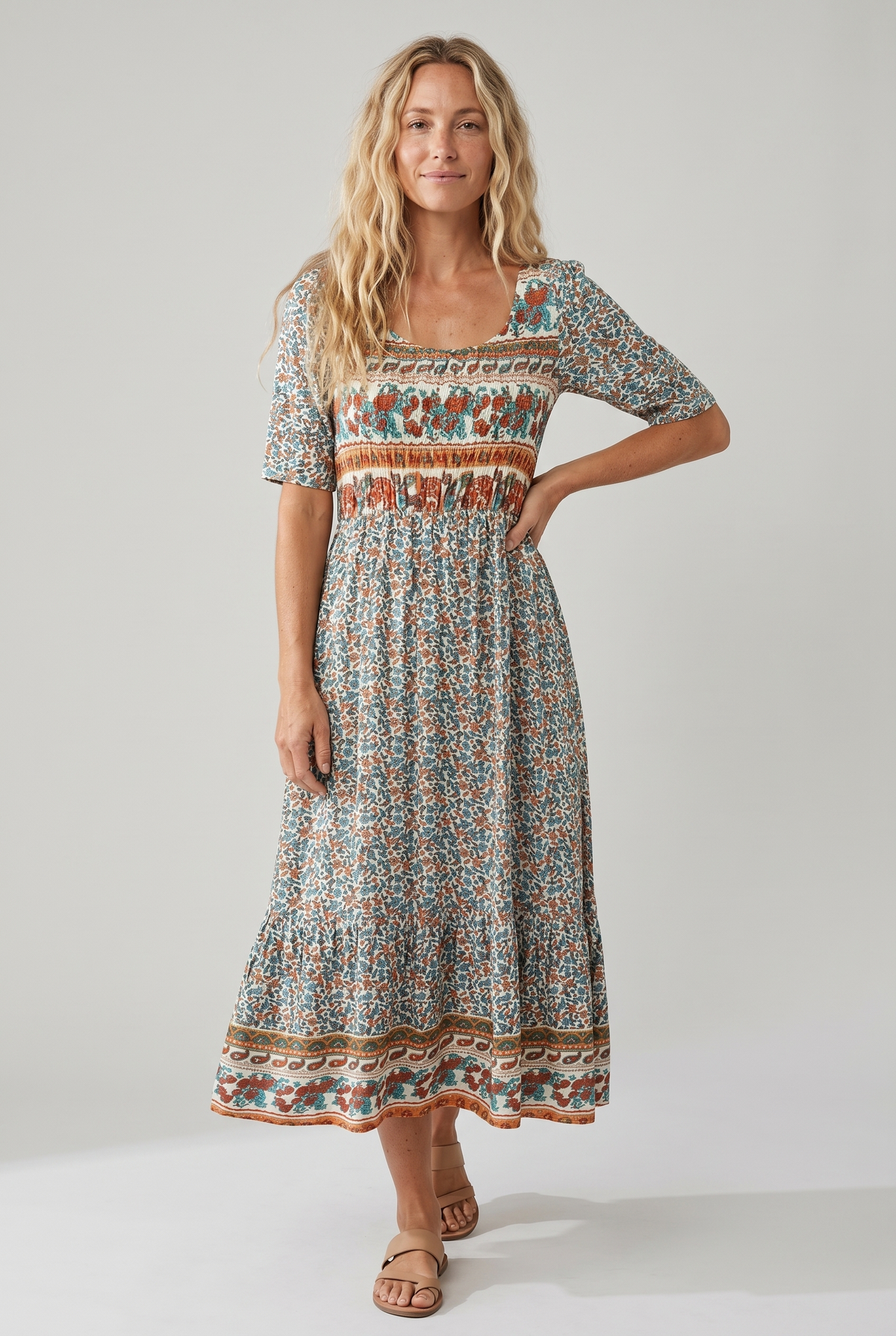 Ella | Bohemian Mosaic Square-Neck Women Summer Midi Dress