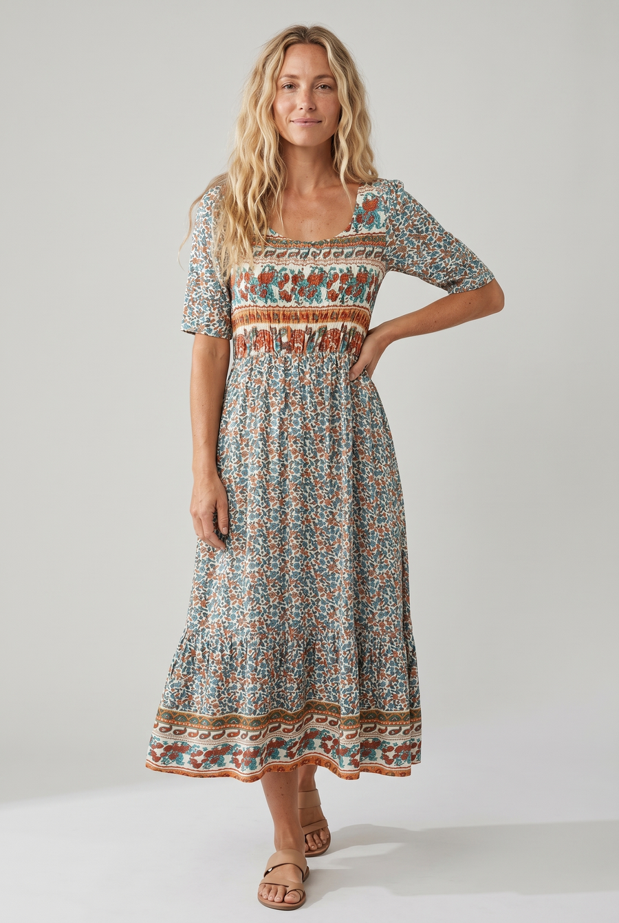 Ella | Bohemian Mosaic Square-Neck Women Summer Midi Dress