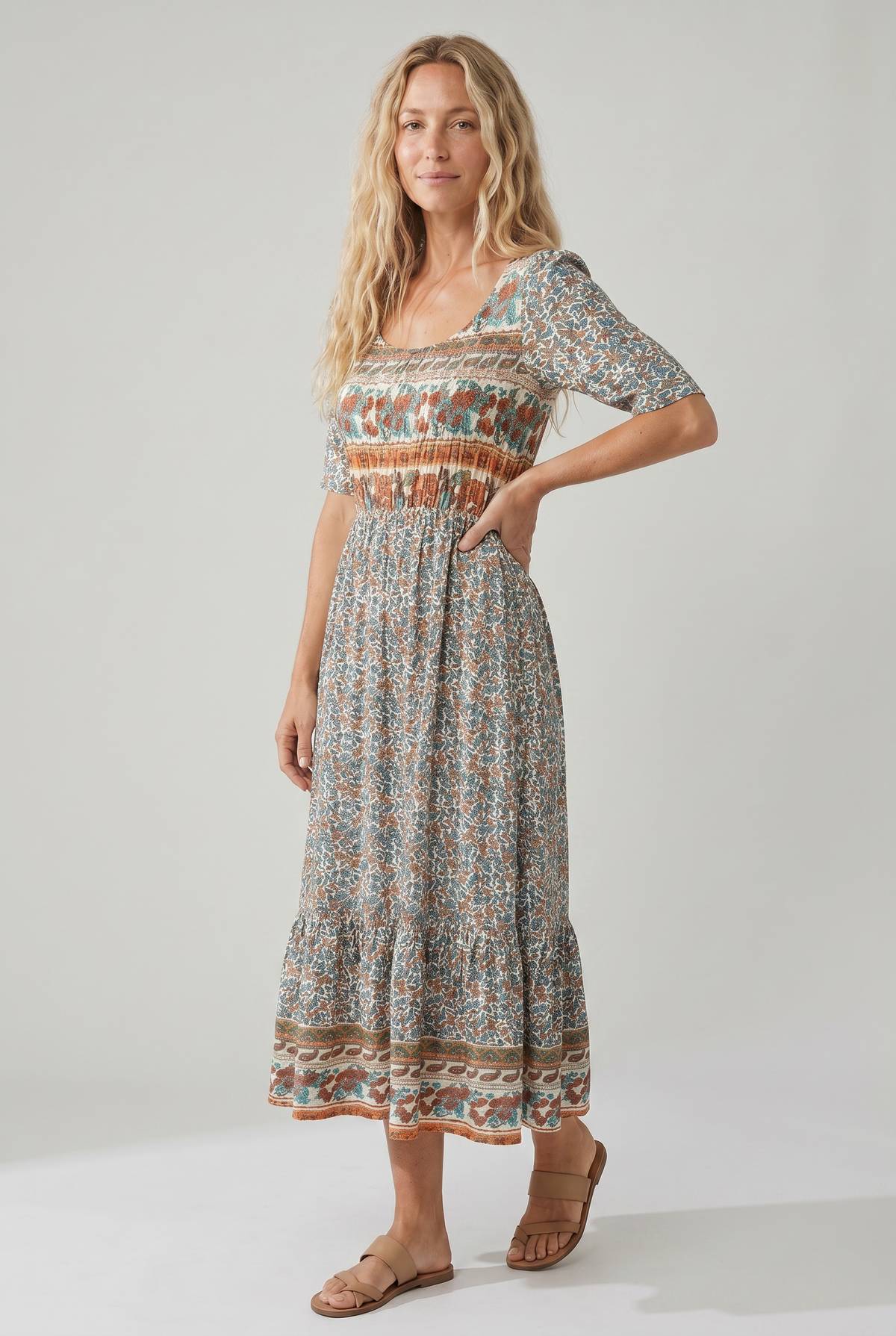 Ella | Bohemian Mosaic Square-Neck Women Summer Midi Dress
