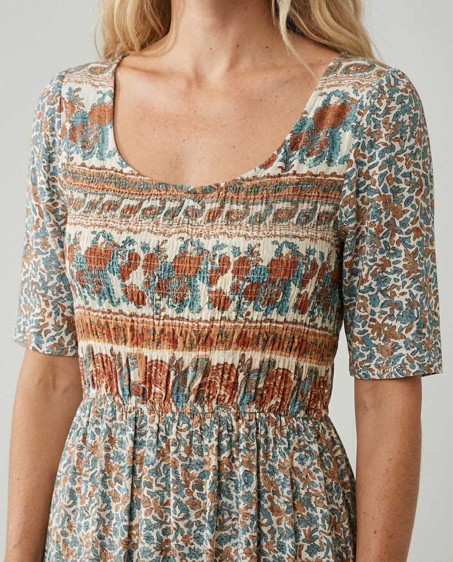 Ella | Bohemian Mosaic Square-Neck Women Summer Midi Dress