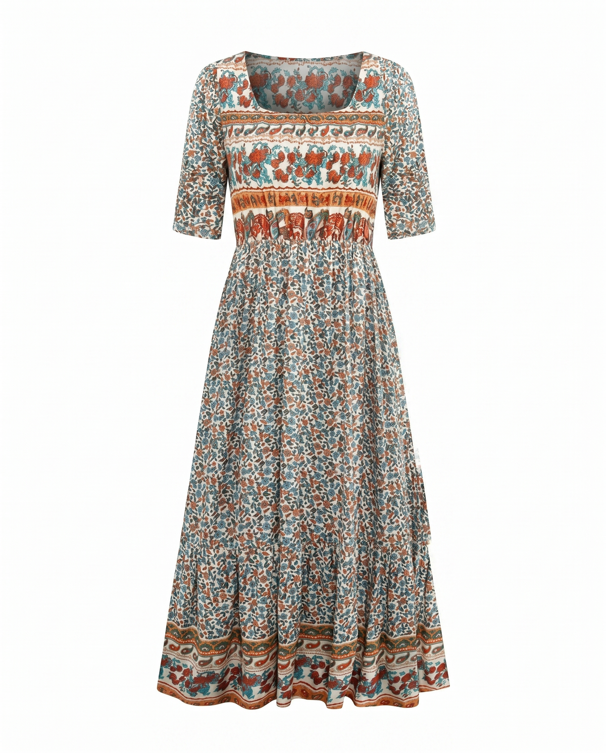 Ella | Bohemian Mosaic Square-Neck Women Summer Midi Dress
