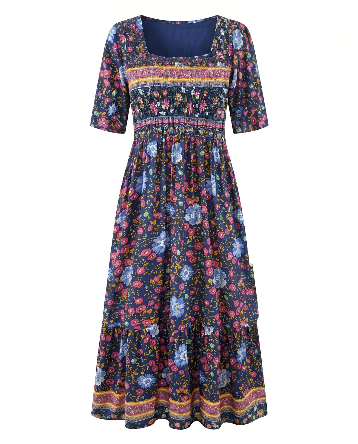 Ella | Bohemian Mosaic Square-Neck Women Summer Midi Dress