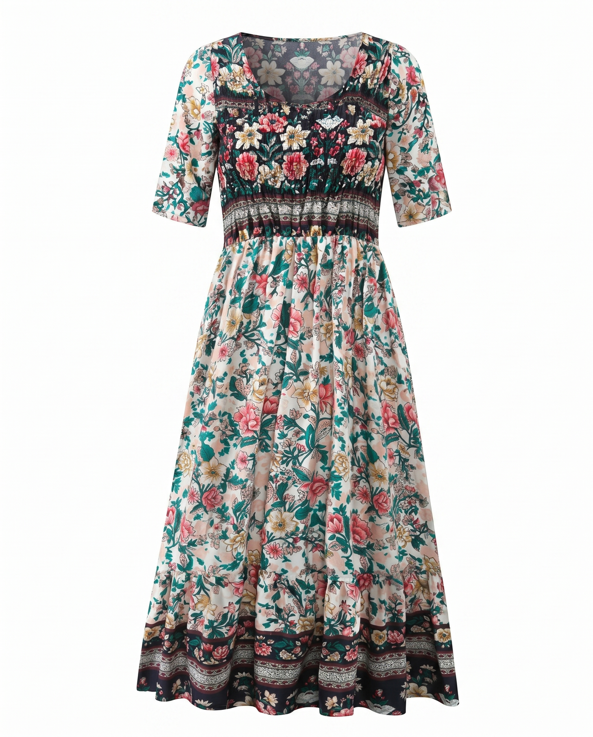 Ella | Bohemian Mosaic Square-Neck Women Summer Midi Dress