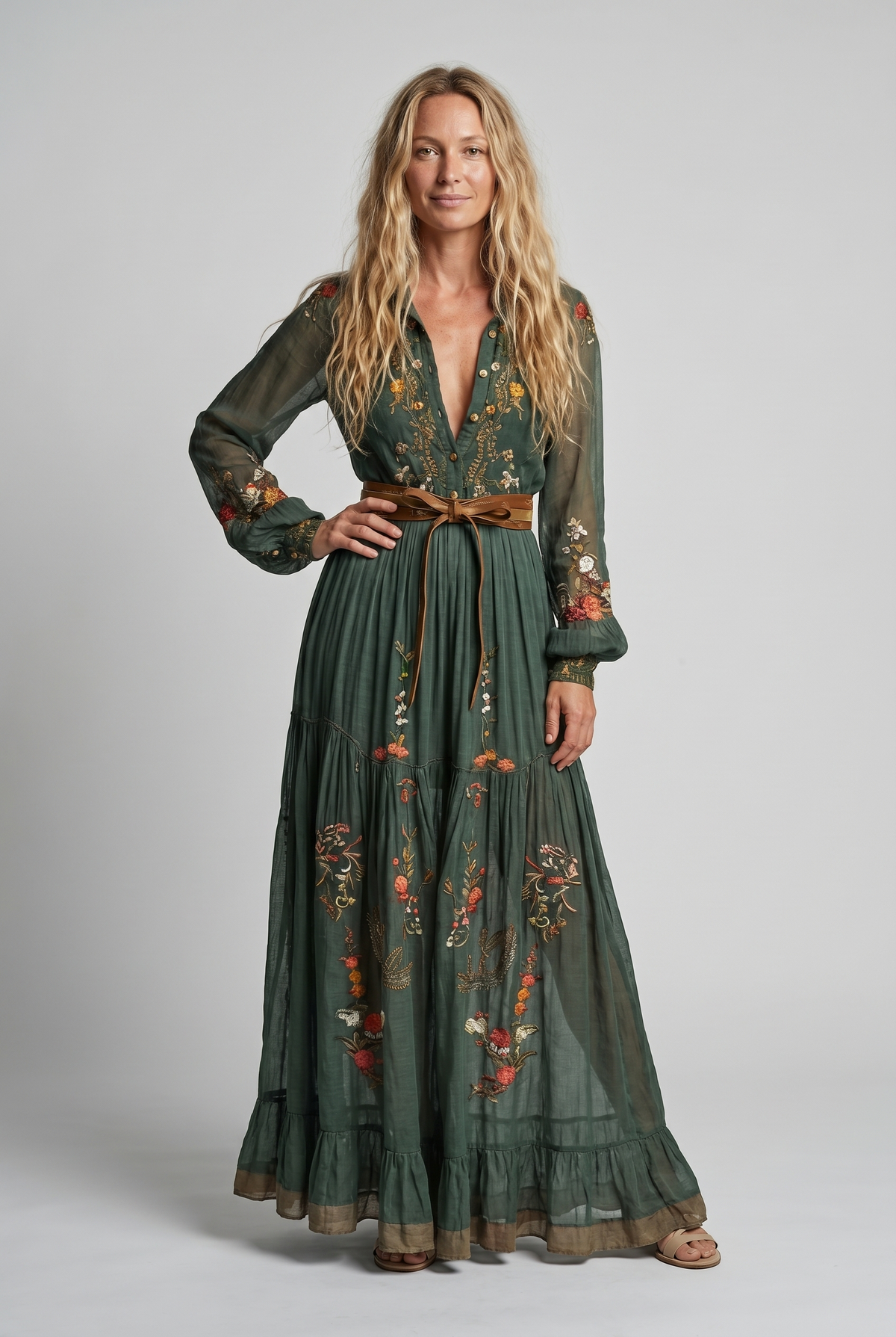 Annika | Vintage Floral Sheer-Sleeve Women Summer Maxi Dress