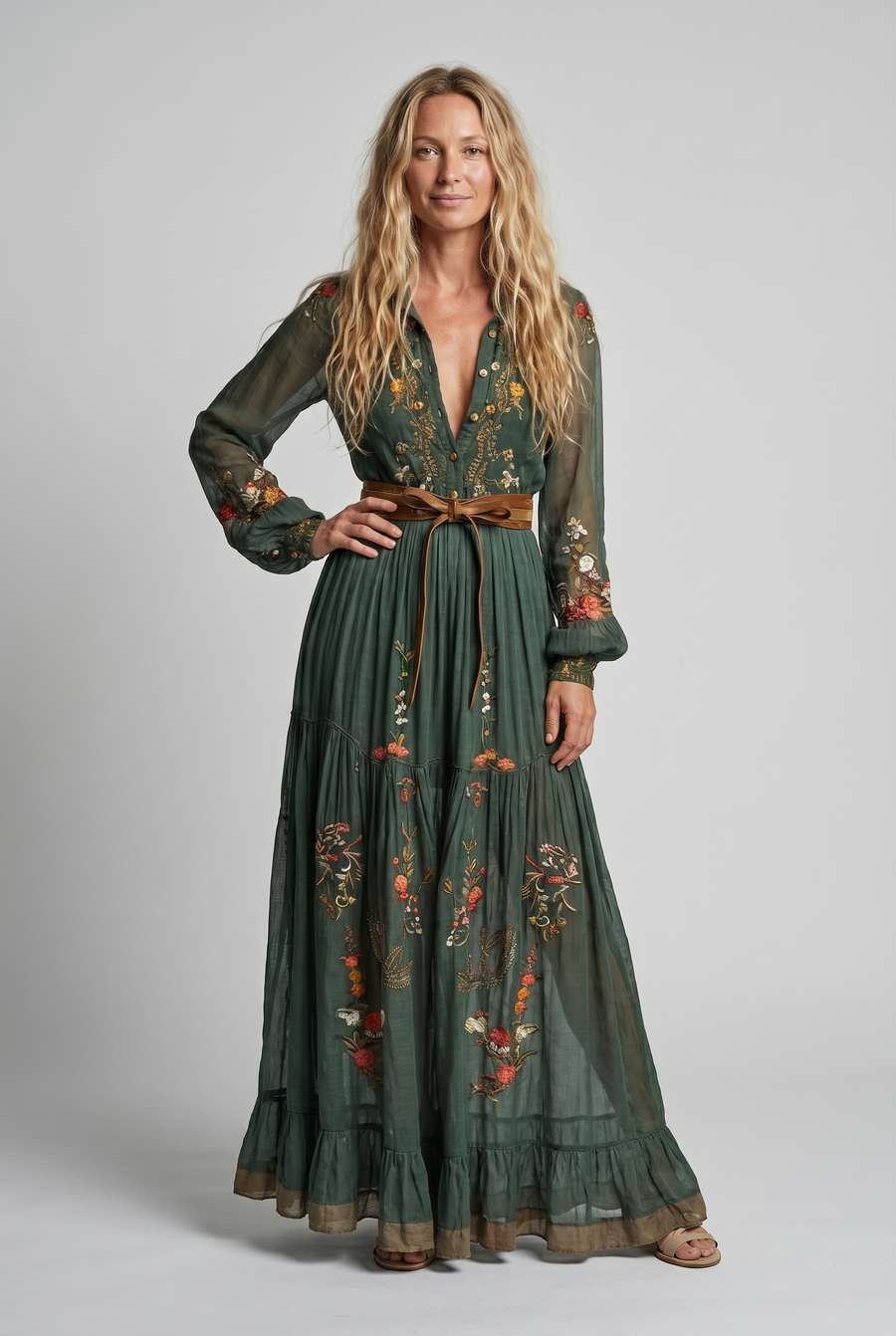 Annika | Vintage Floral Sheer-Sleeve Women Summer Maxi Dress