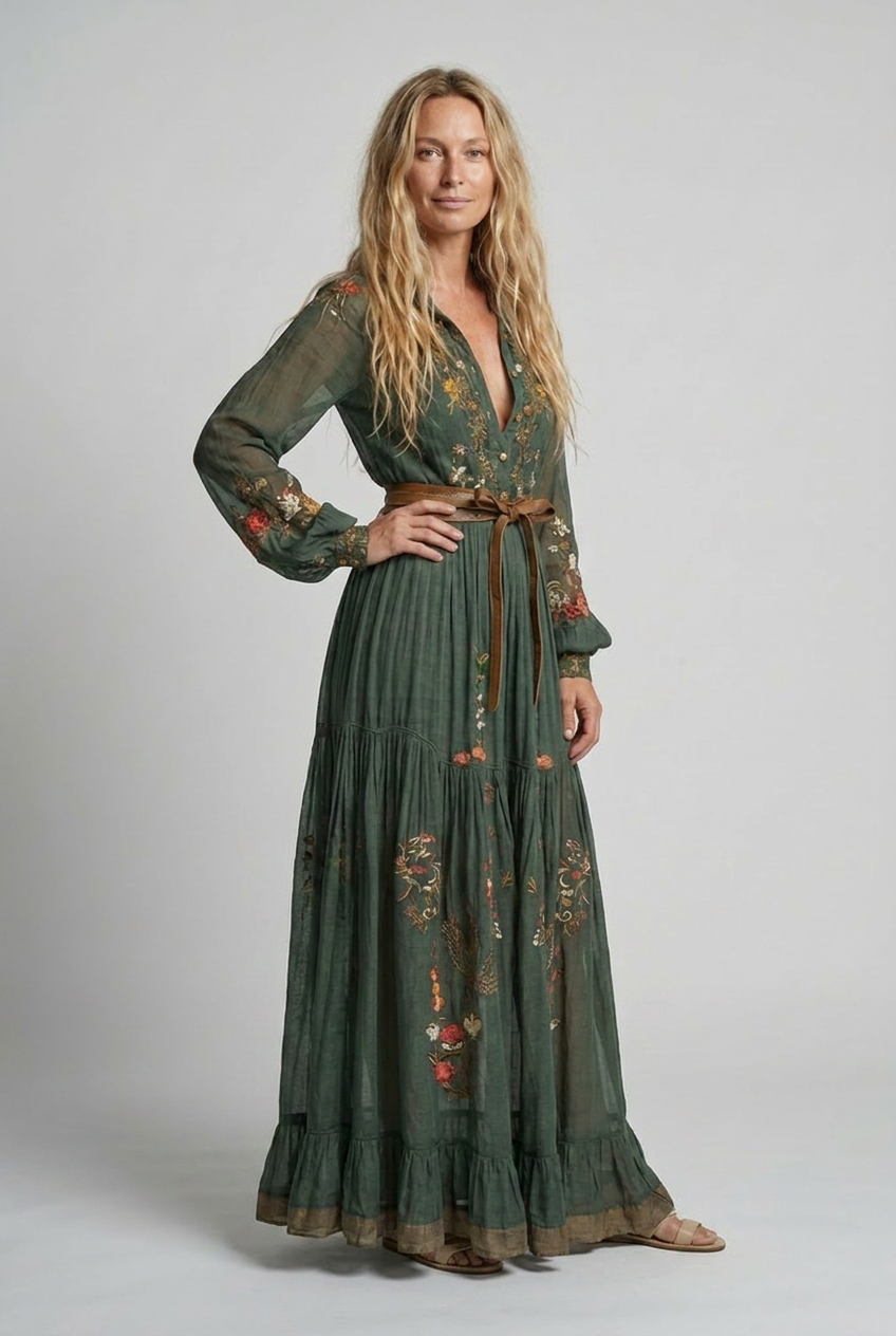 Annika | Vintage Floral Sheer-Sleeve Women Summer Maxi Dress