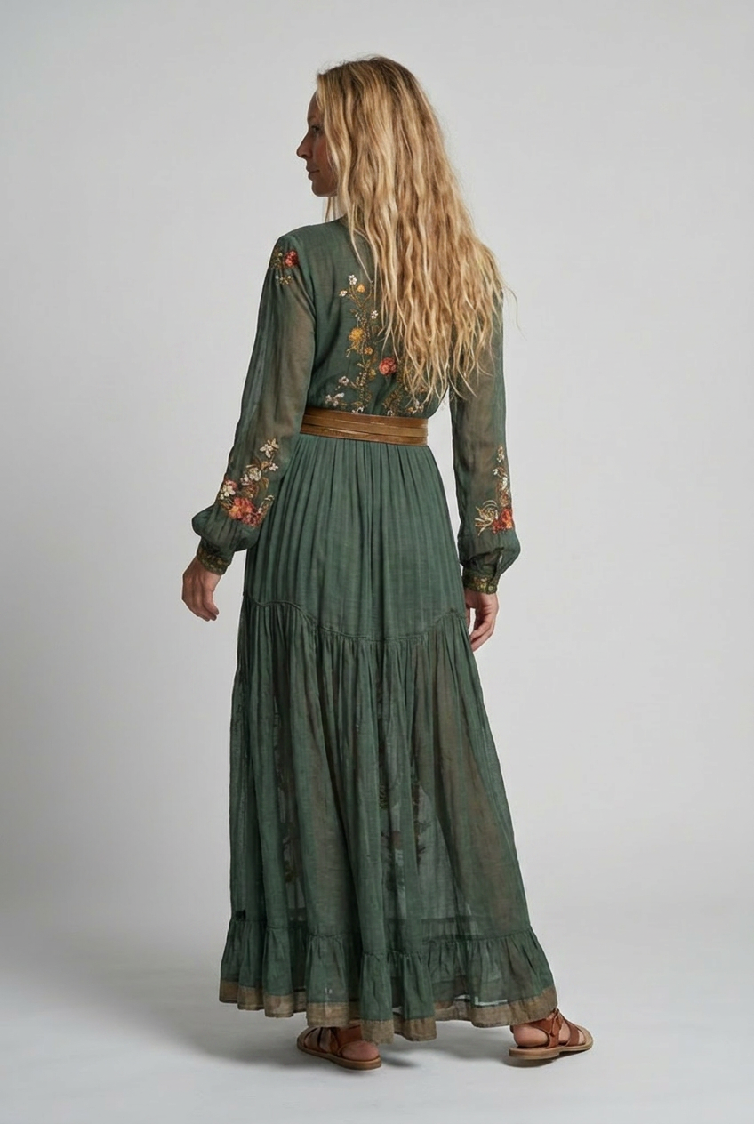 Annika | Vintage Floral Sheer-Sleeve Women Summer Maxi Dress