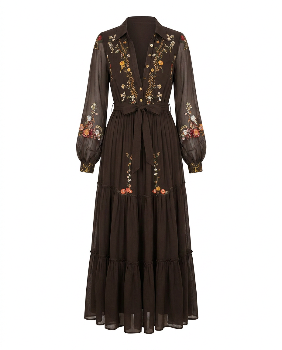 Annika | Vintage Floral Sheer-Sleeve Women Summer Maxi Dress