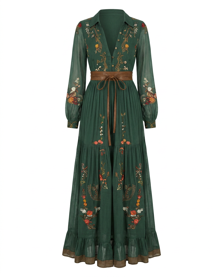 Annika | Vintage Floral Sheer-Sleeve Women Summer Maxi Dress